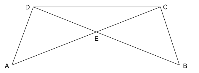 Geometrische Skizze eines Vierecks mit Diagonalen und markiertem Schnittpunkt E.